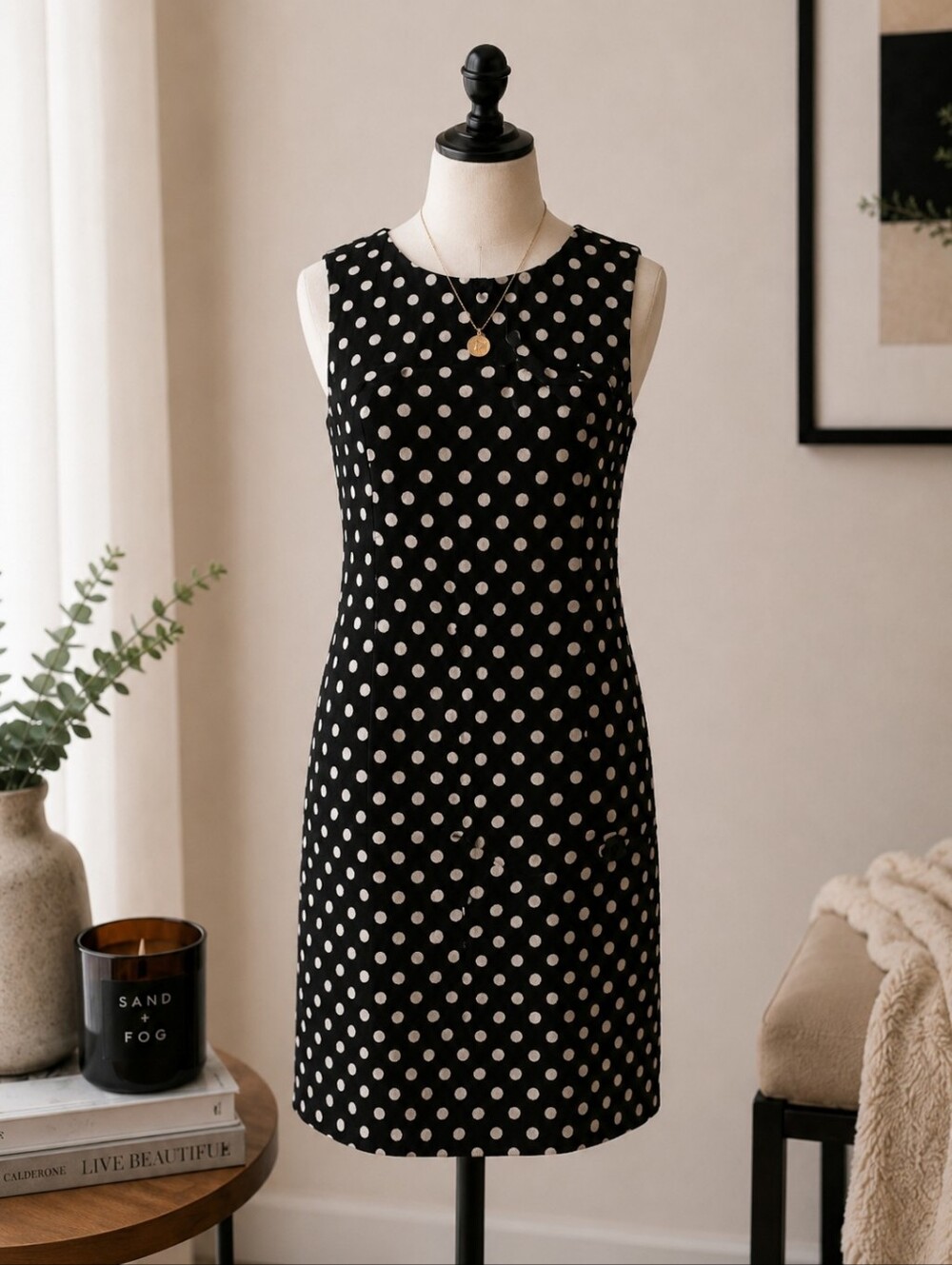 City Silk Petite 100% Silk Linking/ Polka Dot Sheath Dress Black Beige Size 10P